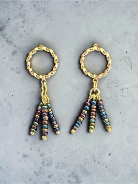 Hand Crafted Gold Hoop Earrings with Iridescent Multicolor Beads